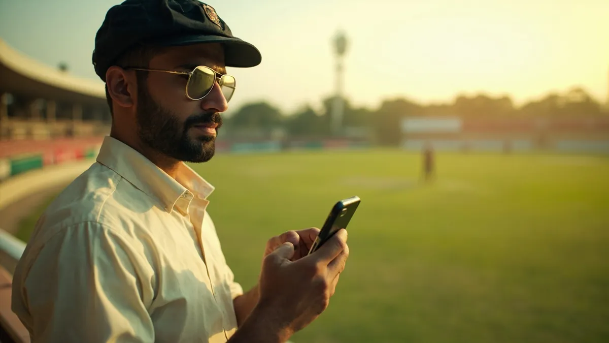 Editorial photograph of a smartphone on a clean desk showing an unbranded fantasy cricket lineup interface next to a paper tactics map