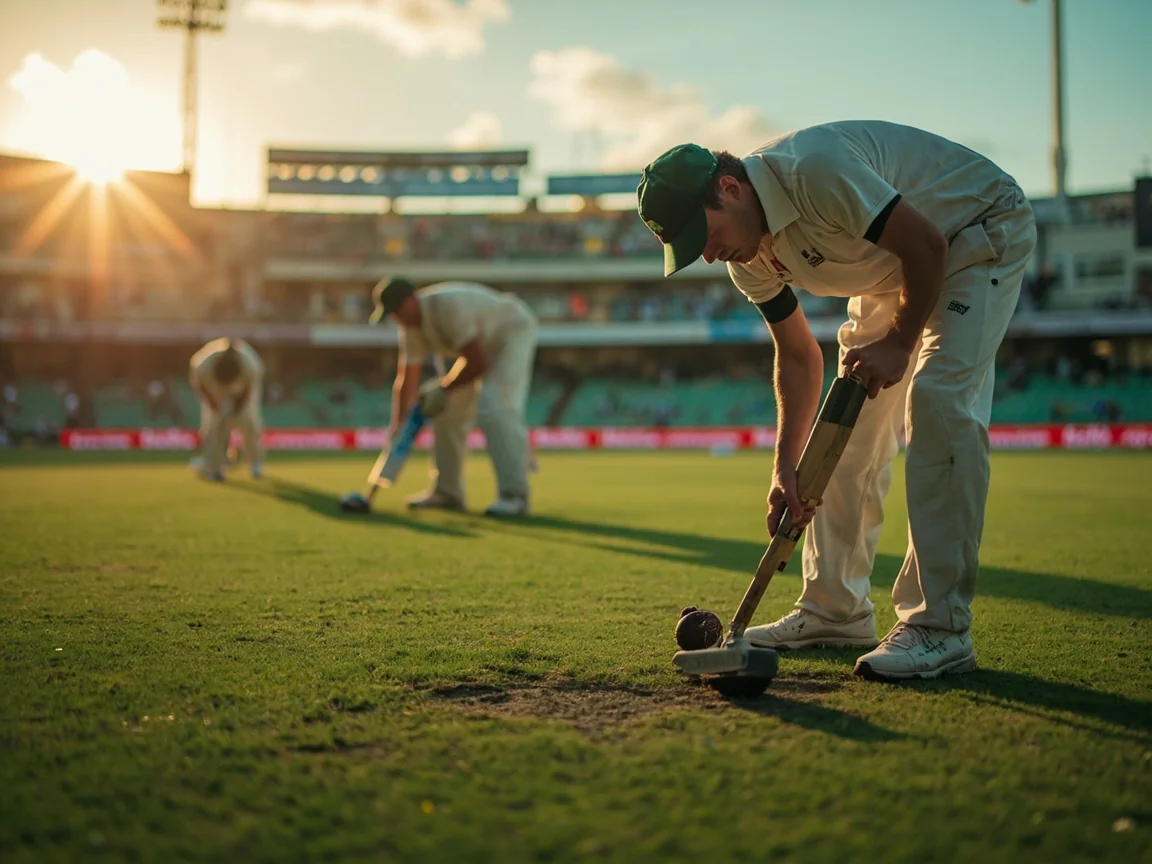 Editorial photograph of a groundskeeper pointing at the centre strip of a cricket pitch while a generic captain looks on at dawn