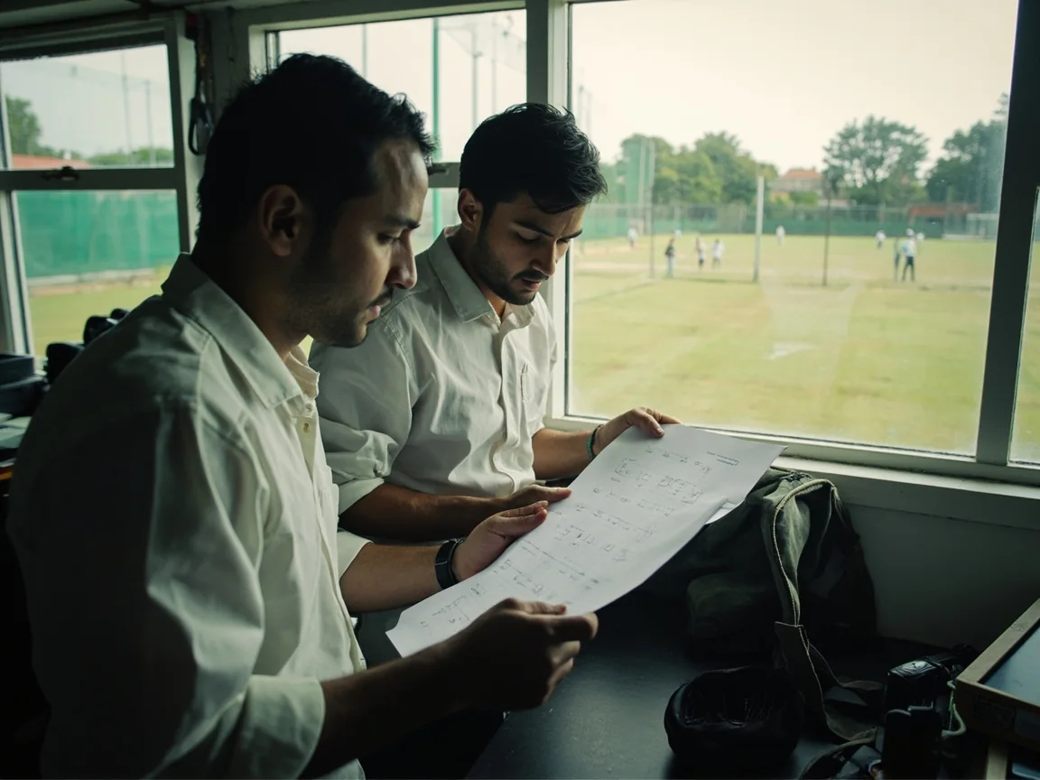 Editorial cricket photograph of a generic captain writing in a tactics notebook