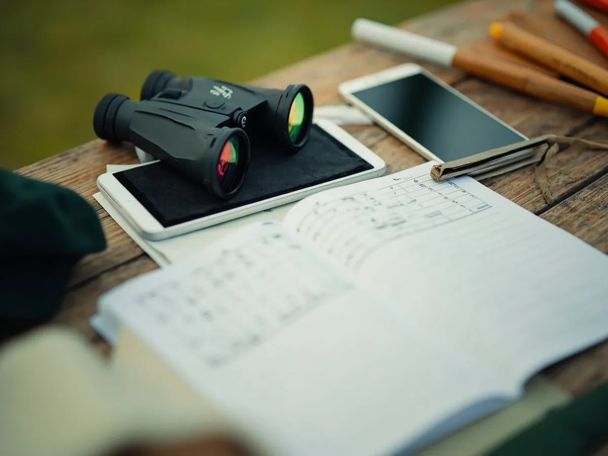 Overhead editorial photograph of cricket scoring tools spread on a wooden desk: scorebook, pen, cricket ball, tactical notes on paper